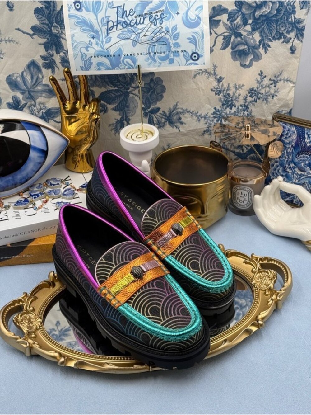🆕 KURT GEIGER LONDON 🧿 NWOB Patterned Southbank Loafers, Metallic - Sz 37 US 7